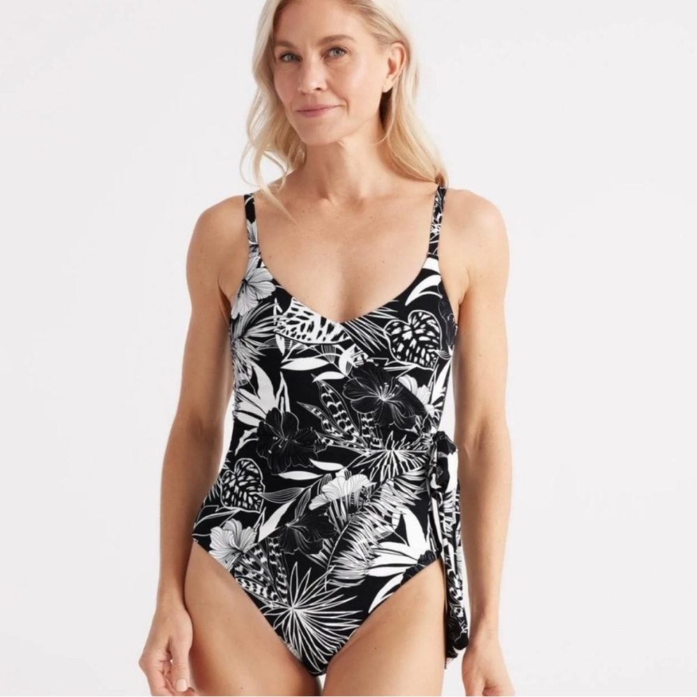 NWT Knix Tropical Floral One-Piece Swimsuit | Wrap Tie | Black & White | Size S